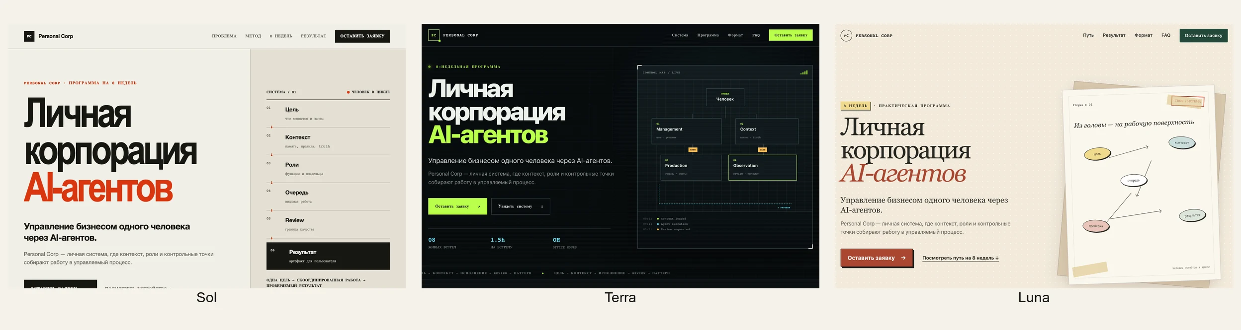 Три версии лендинга Personal Corp, созданные моделями GPT-5.6 Sol, Terra и Luna